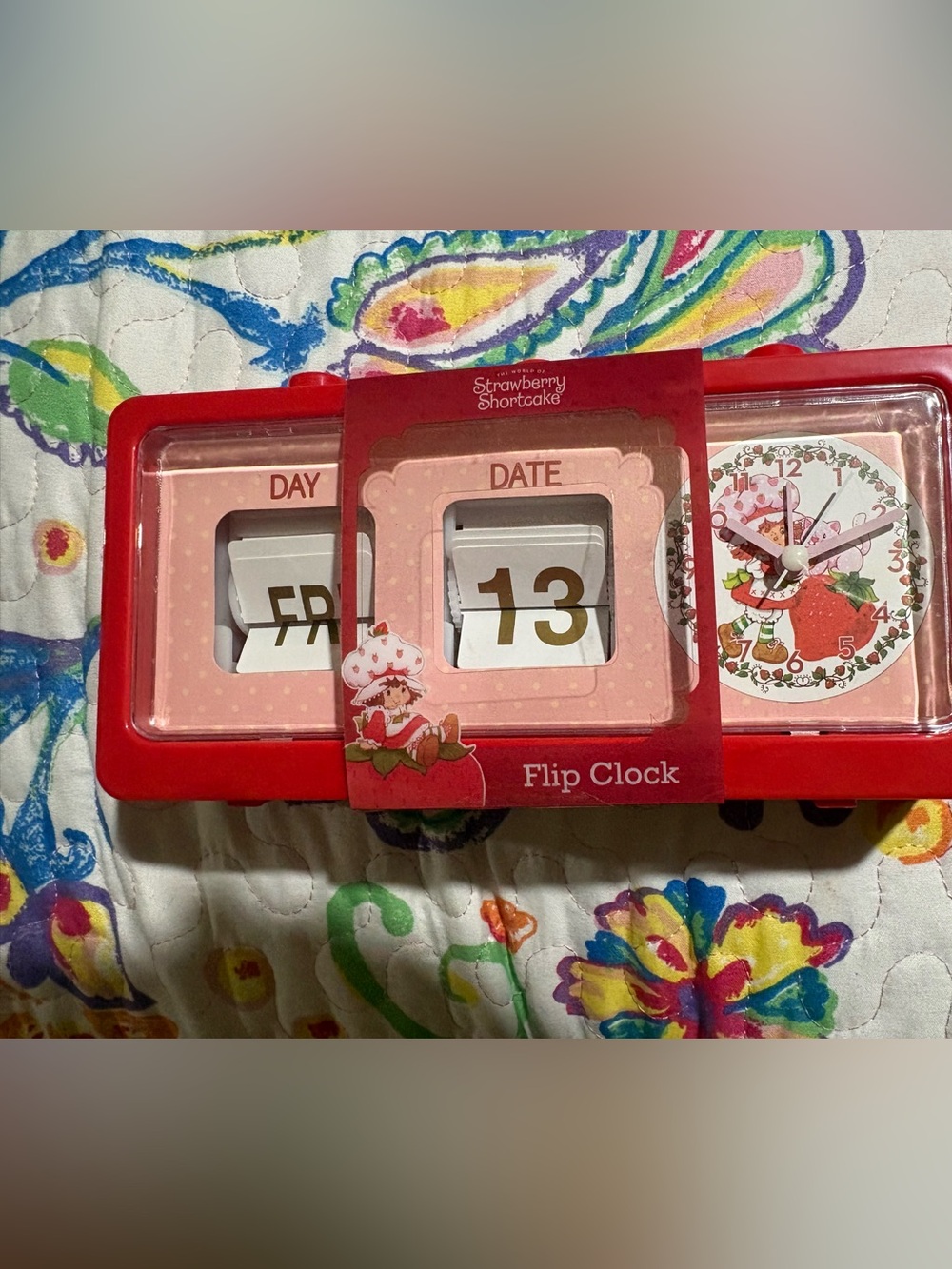 Strawberry Shortcake Red Flip Clock with Day, Date & Analog Time